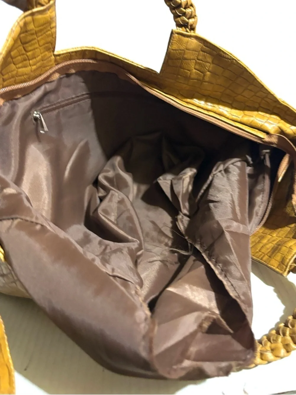 Braided-Handle Croc-Embossed Shoulder Bag in Mustard